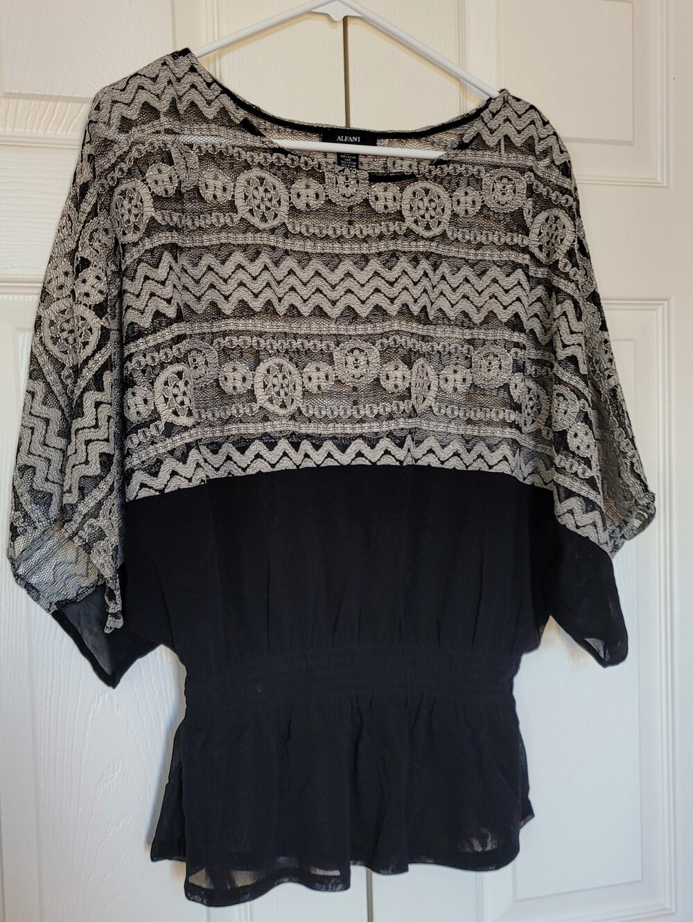 Alfani Sheer Beige Crocheted Lace Black Wide Sleeve Boat Neck Top Blouse